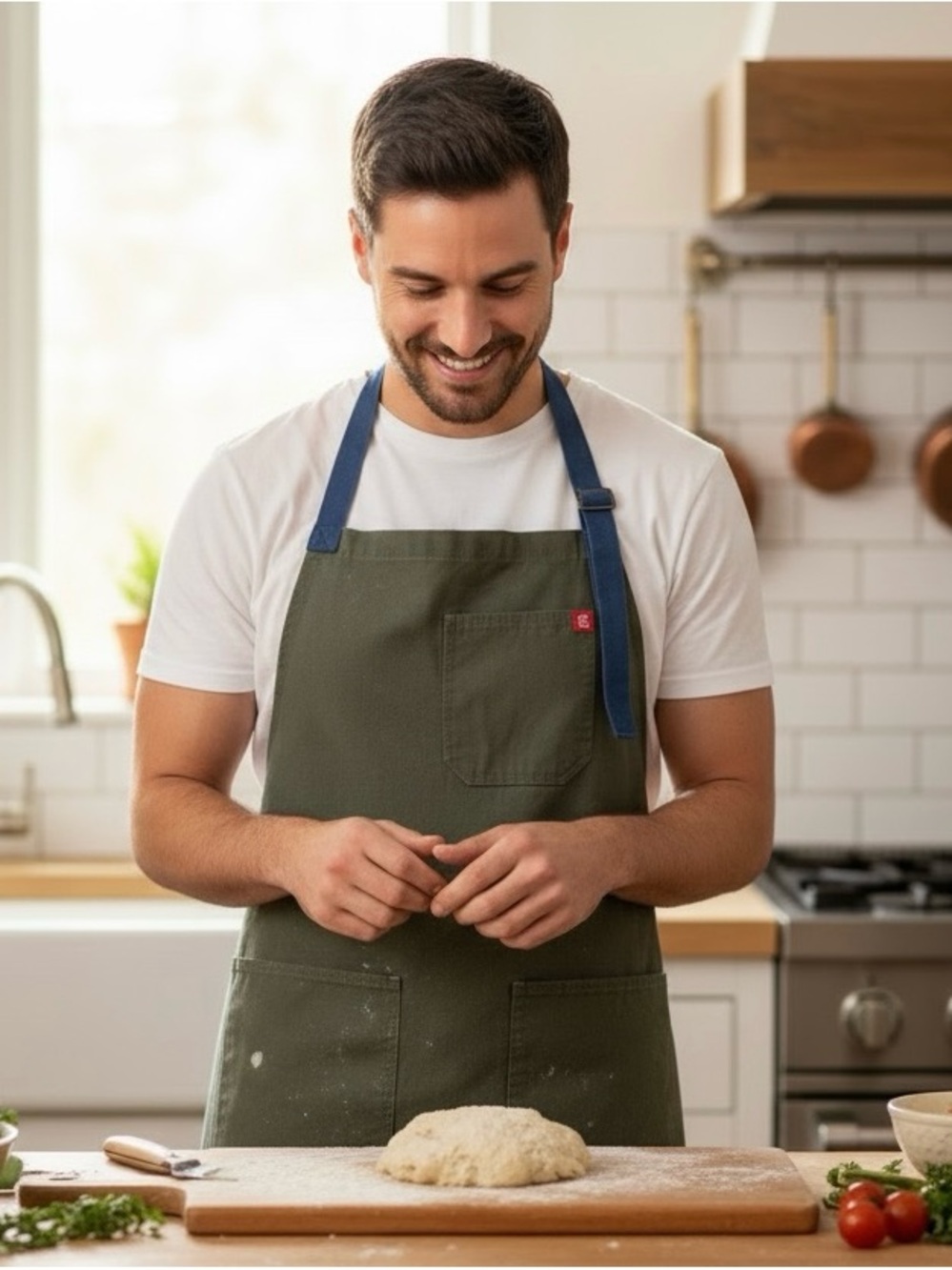 Hedley & Bennett Olive Green Cotton Canvas Apron with Navy Adjustable Straps